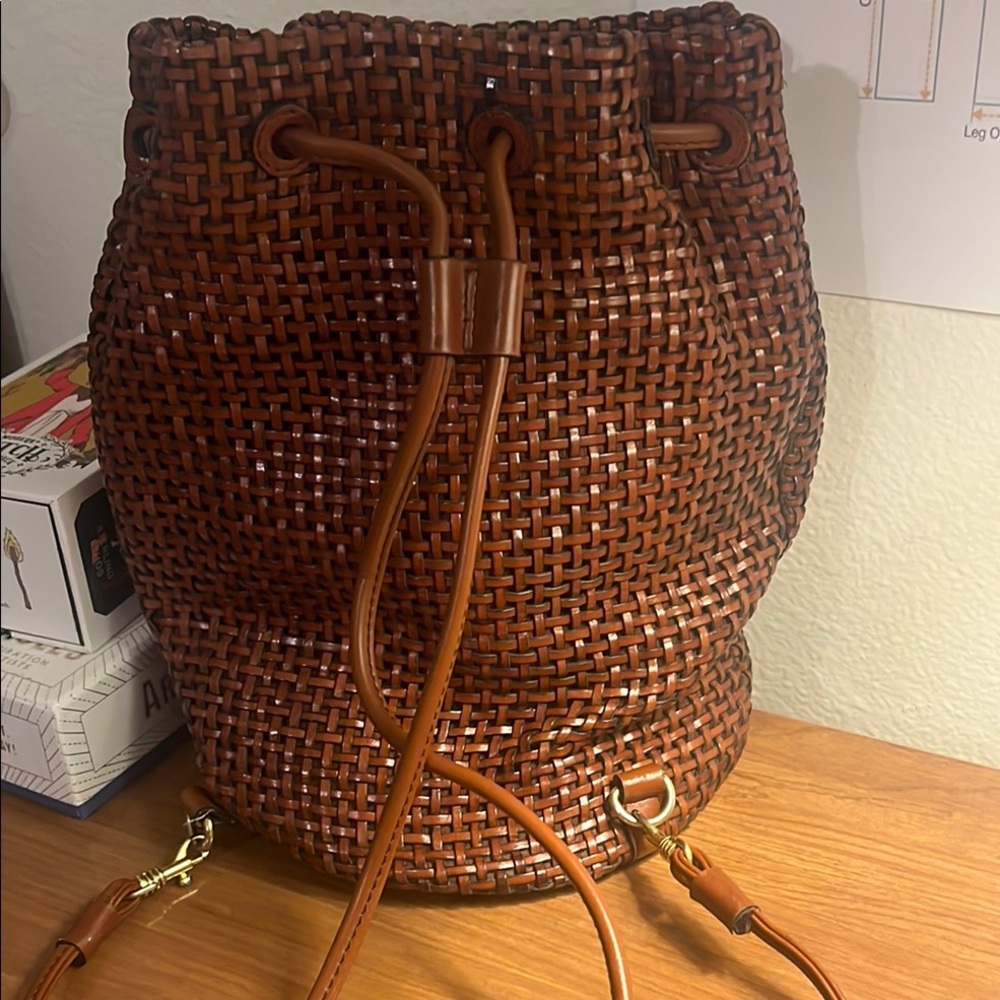 Vintage Valerie Stevens Brown Leather Woven Bucket Bag